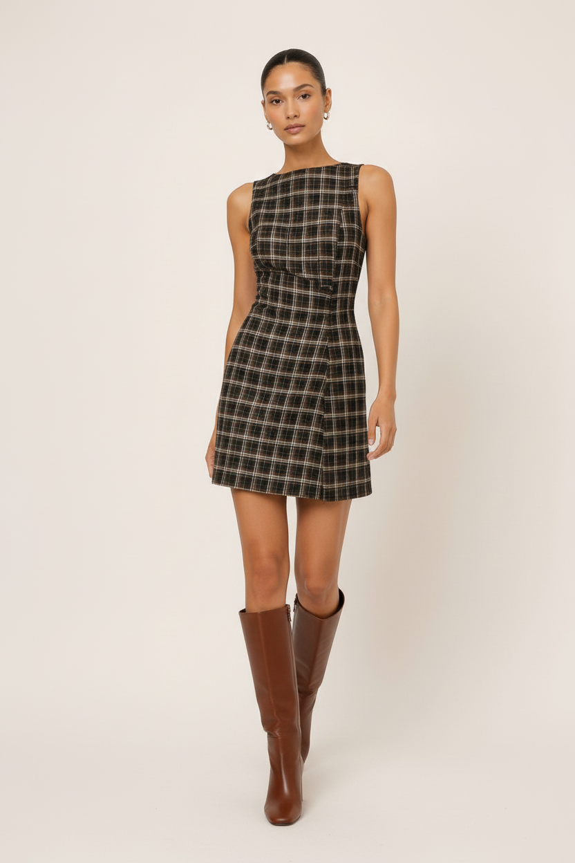 Model wearing a CAL JUNE sleeveless brown and black plaid mini dress with a tailored silhouette and knee-high boots.