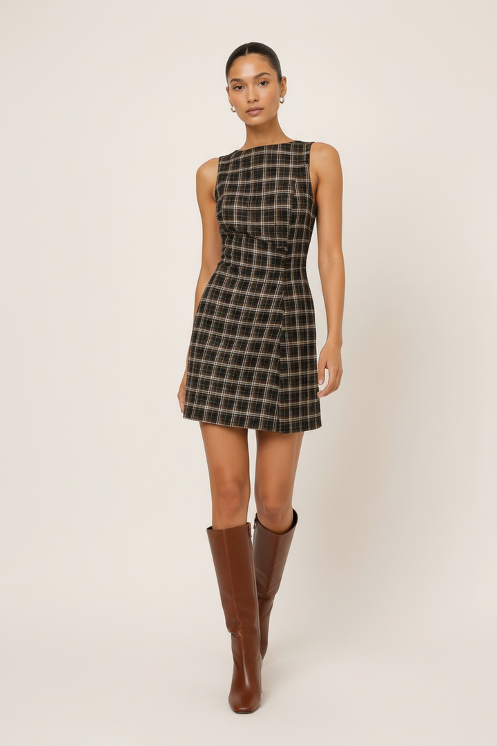 Model wearing a CAL JUNE sleeveless brown and black plaid mini dress with a tailored silhouette and knee-high boots.