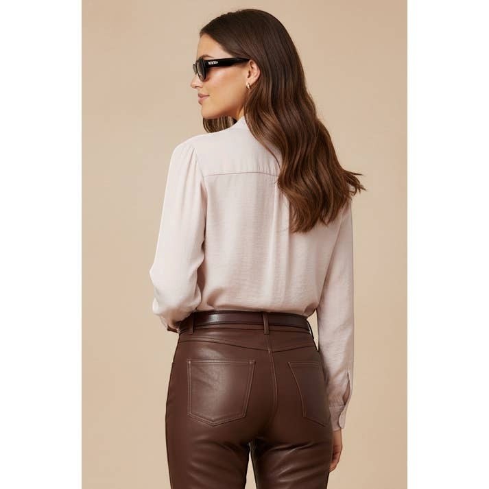 CAL JUNE The Sienne Button-Front Blouse in light pink, a refined and feminine button-up shirt.