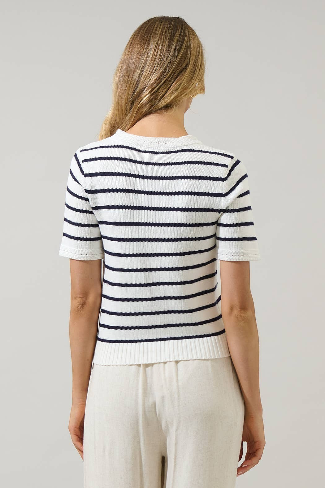 CAL JUNE white and navy striped short-sleeve knit top with crew neck, 100% cotton.