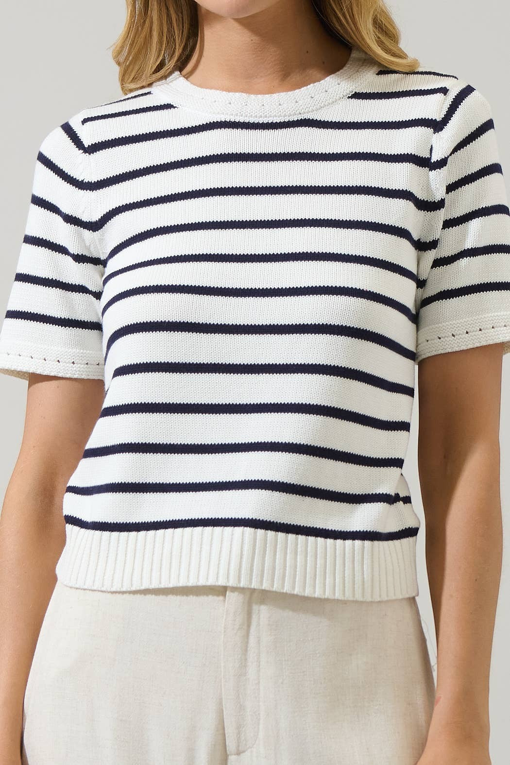 CAL JUNE white and navy striped short-sleeve knit top with crew neck and ribbed hem. 100% cotton.