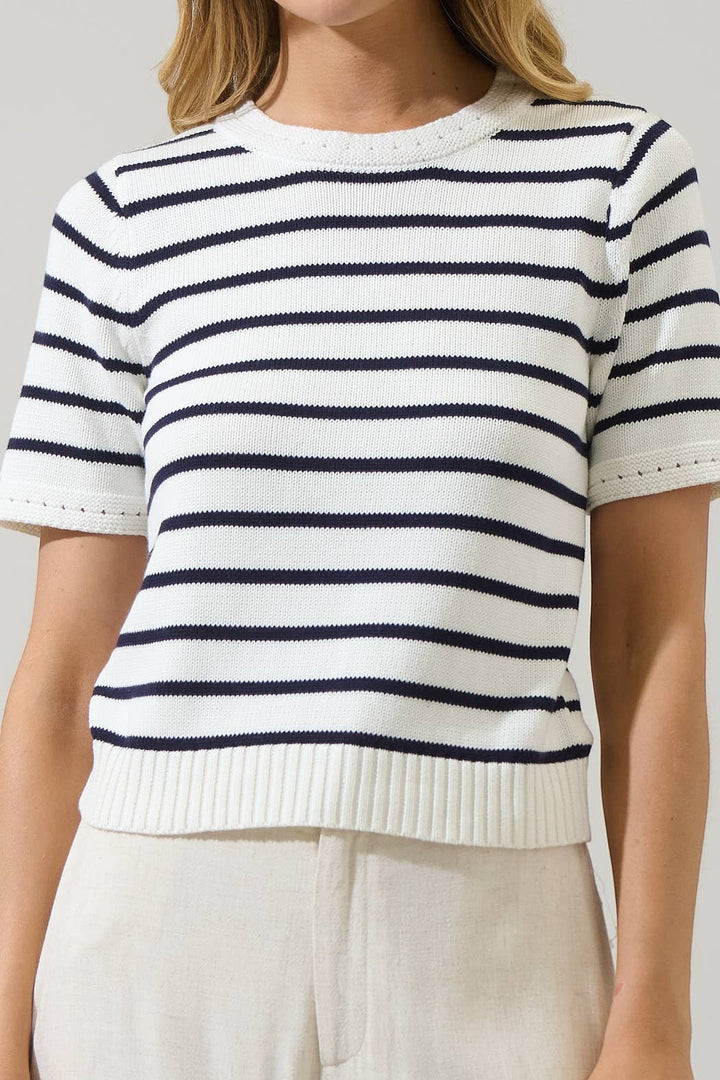 CAL JUNE white and navy striped short-sleeve knit top with crew neck and ribbed hem. 100% cotton.