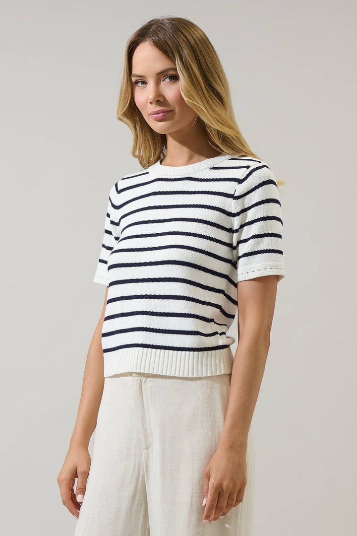 CAL JUNE white and navy striped short sleeve knit top, 100% cotton. Model wears size Small.