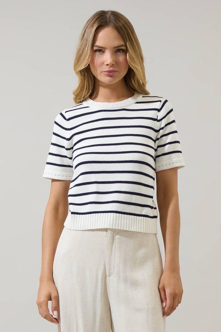CAL JUNE white and navy striped short-sleeve knit top, 100% cotton, with subtle eyelet detail on sleeves.