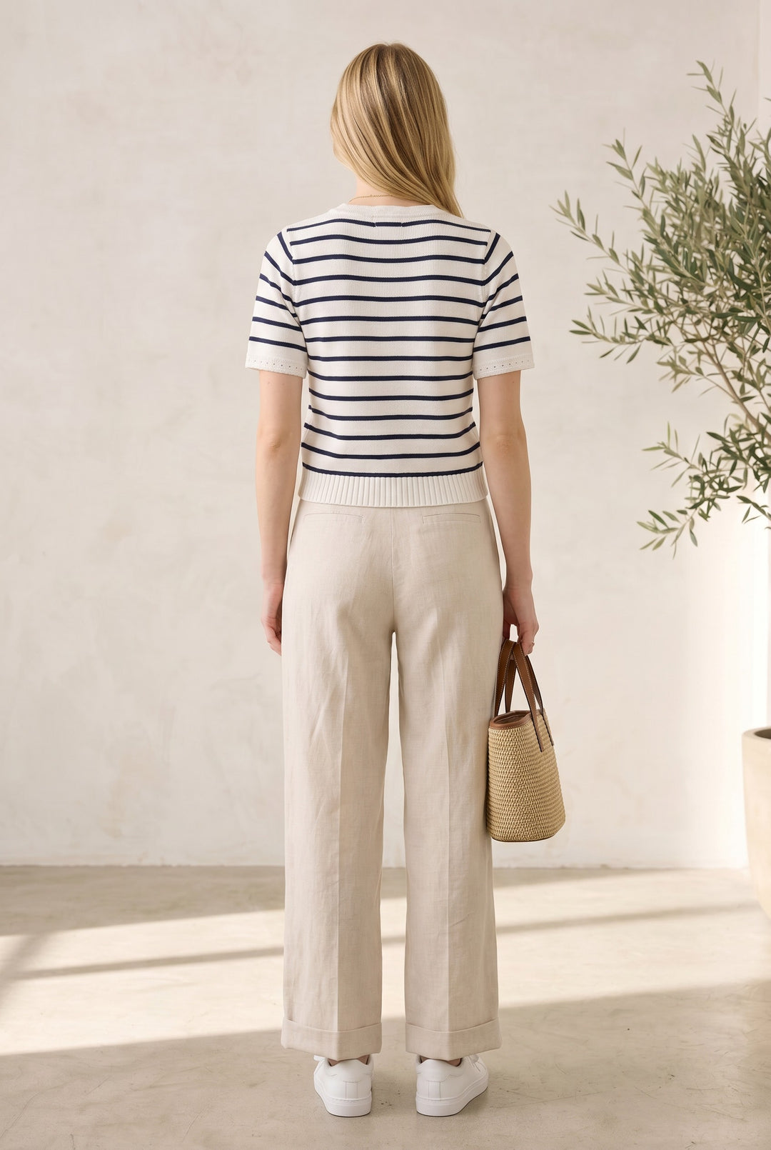 CAL JUNE white and navy striped short-sleeve knit top, 100% cotton, with a crew neck and textured cuffs.