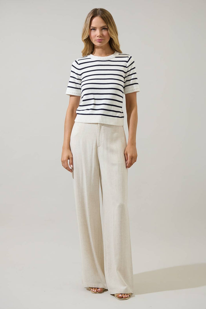 CAL JUNE white and navy striped short-sleeve knit top with crew neck and 100% cotton material.