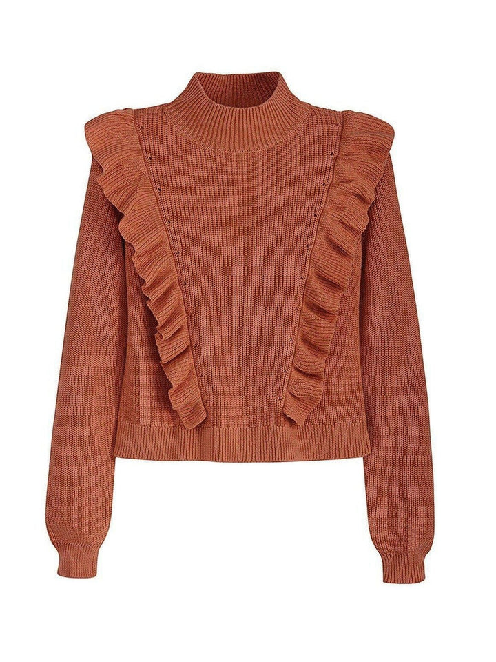 CAL JUNE rust orange knit top with mock neck and ruffled front detail. Long sleeves, ribbed cuffs and hem.