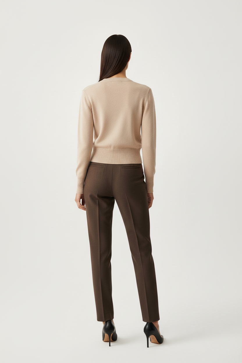 Back view of a model wearing a CAL JUNE tan crewneck cardigan with long sleeves paired with dark brown trousers.