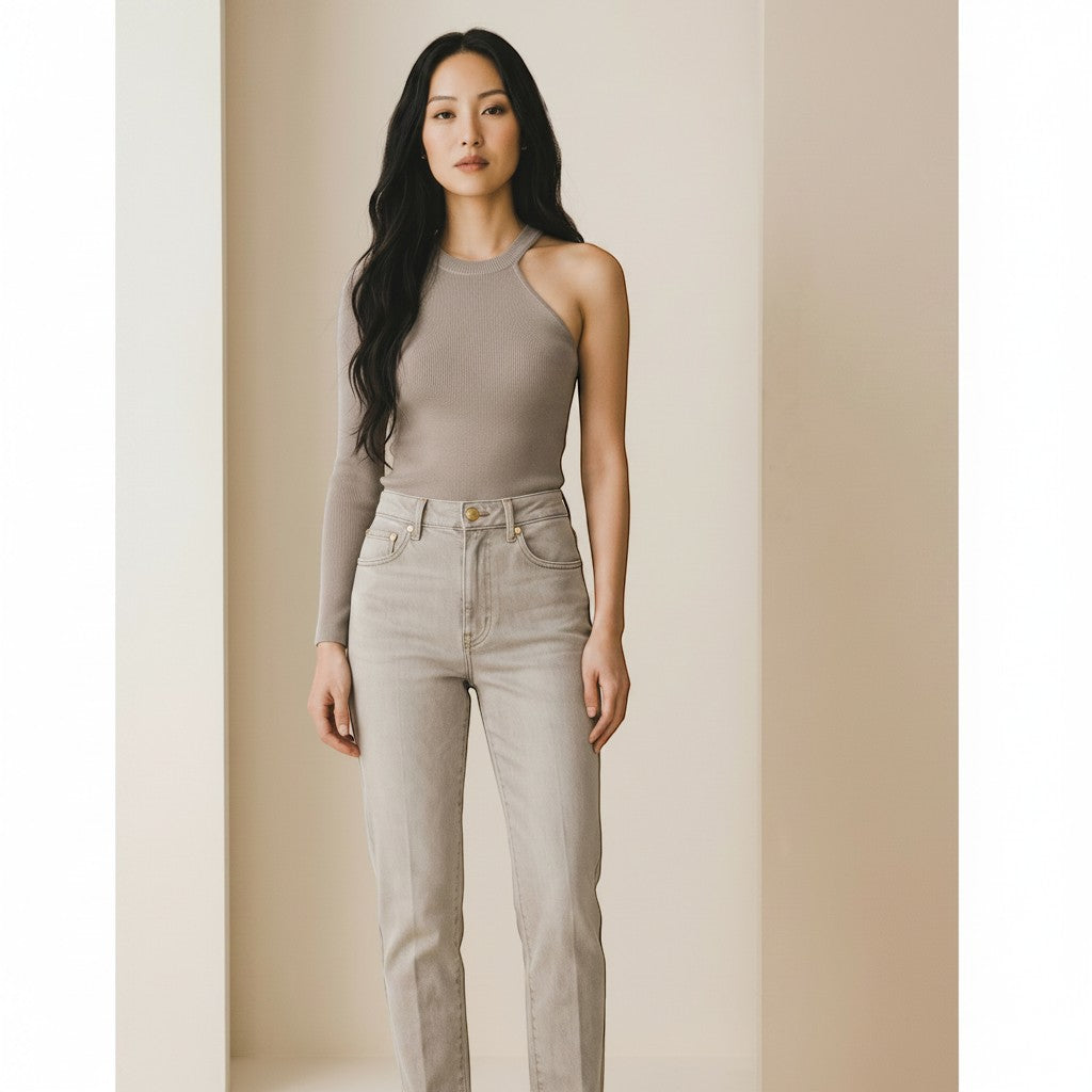 CAL JUNE taupe ribbed knit asymmetrical one-sleeve top with open shoulder, paired with light grey jeans.