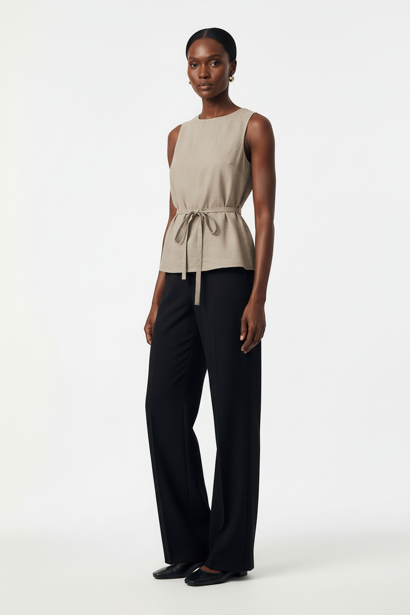 Model wearing CAL JUNE taupe sleeveless cinched tunic top with boat neckline and waist tie paired with black trousers