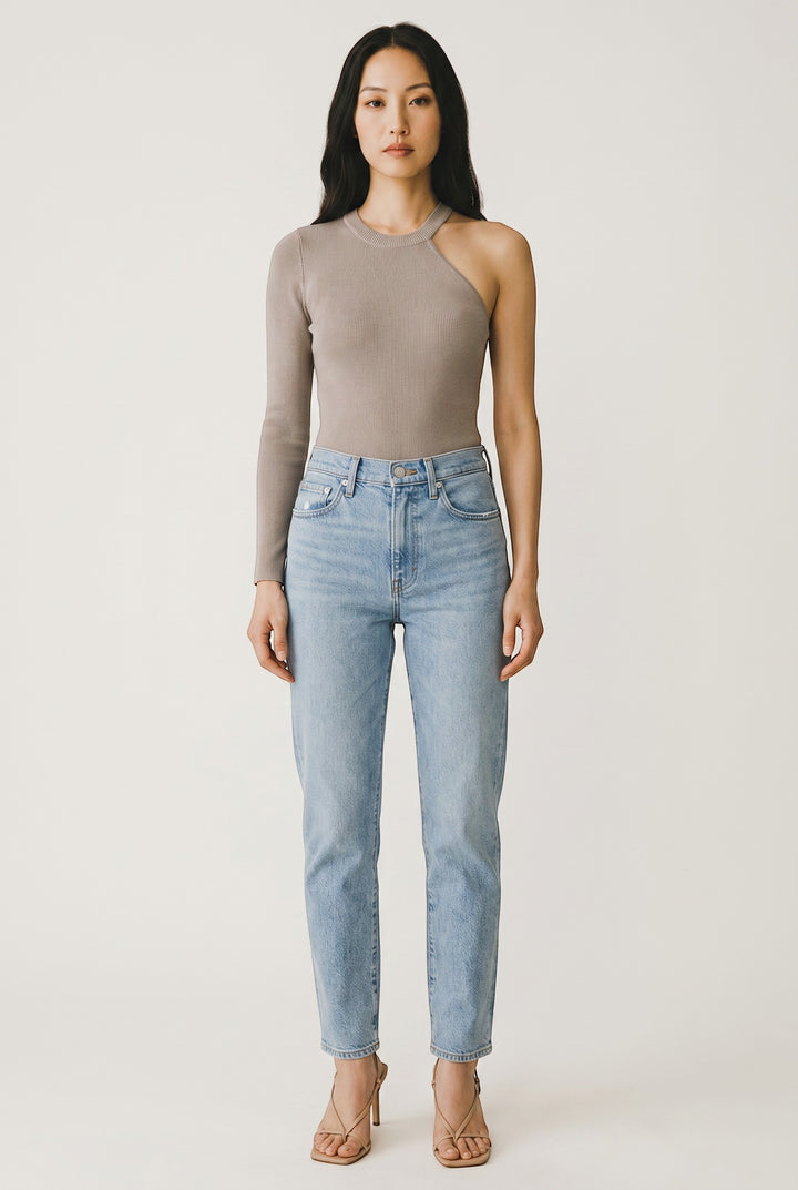 CAL JUNE taupe ribbed knit asymmetrical one-sleeve Arden top with open shoulder detail.