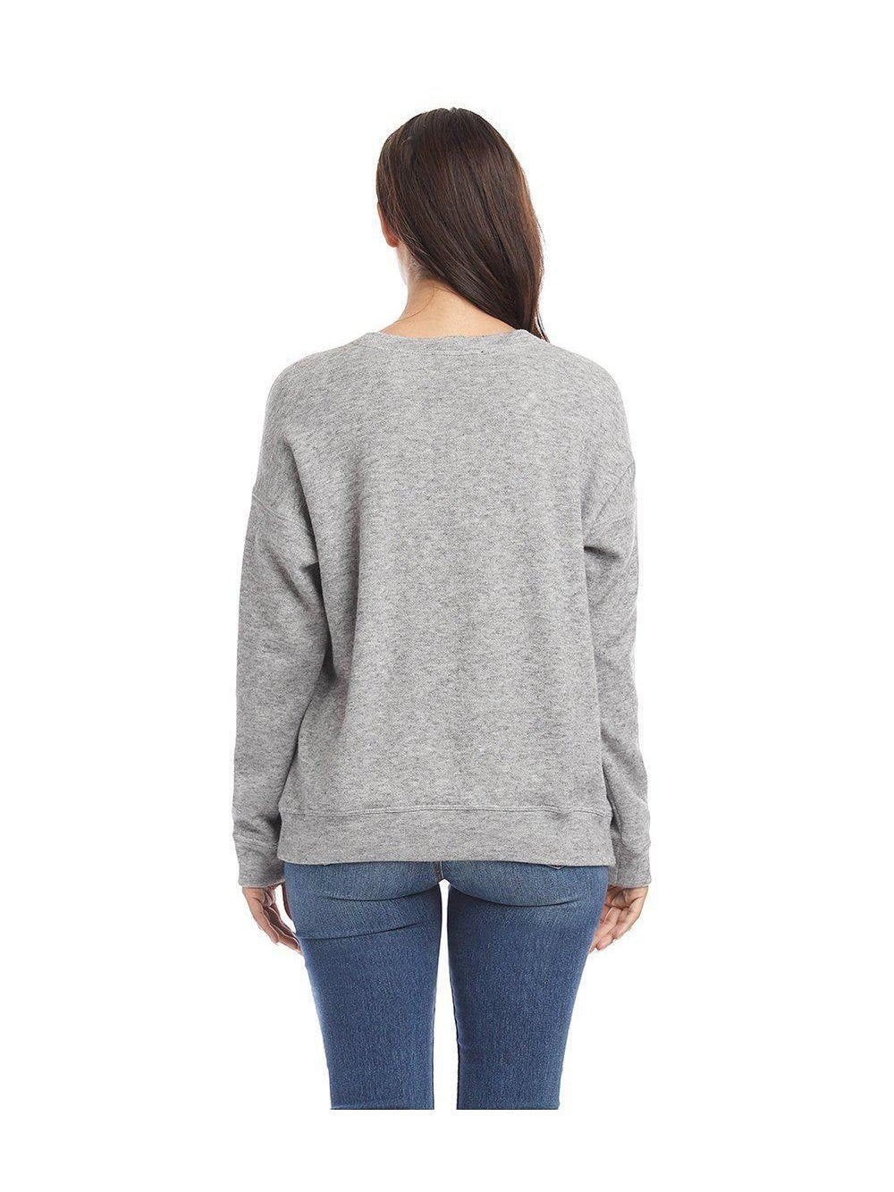 CAL JUNE Tessie knit sweater top in heather grey, crew neck, long sleeves, relaxed fit. Model is wearing size Small.