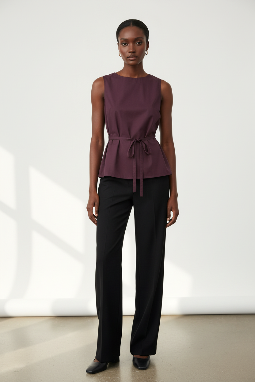 Model wearing CAL JUNE burgundy sleeveless Ursuline tunic top with a boat neckline and waist tie, paired with trousers