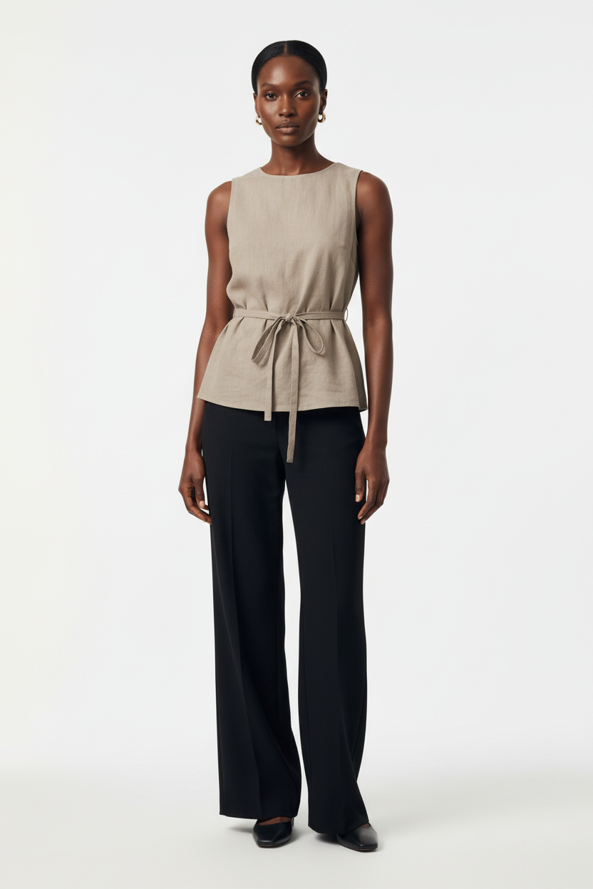 CAL JUNE Ursuline sleeveless taupe tunic top with boat neckline and waist tie worn with black trousers