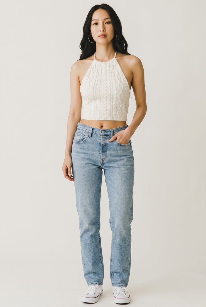 CAL JUNE white cable knit halter crop top with braided detailing. Model wears size S.
