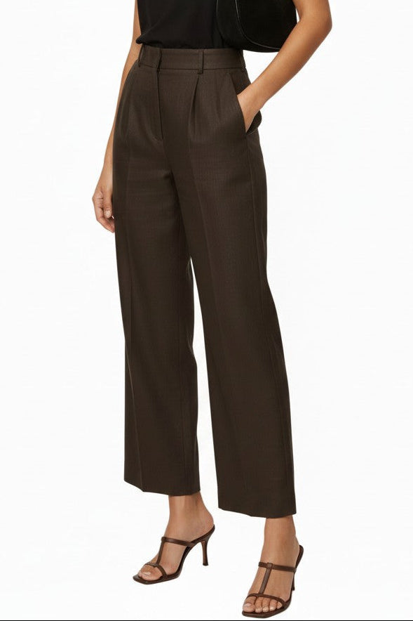 CAL JUNE Winnifred tailored wide-leg flared pants in heather-choco brown with front darts and welt pockets.