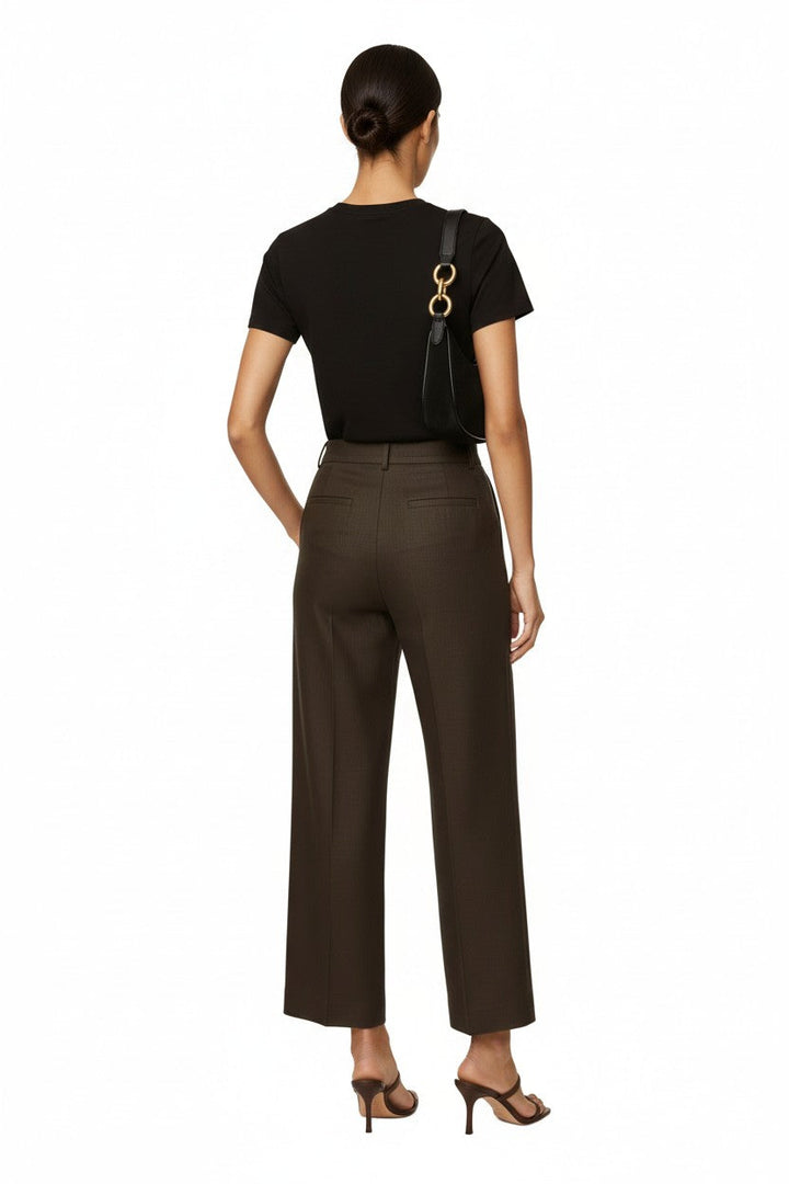Back view of CAL JUNE Winnifred tailored wide-leg flared pants in heather-choco brown with welt pockets.