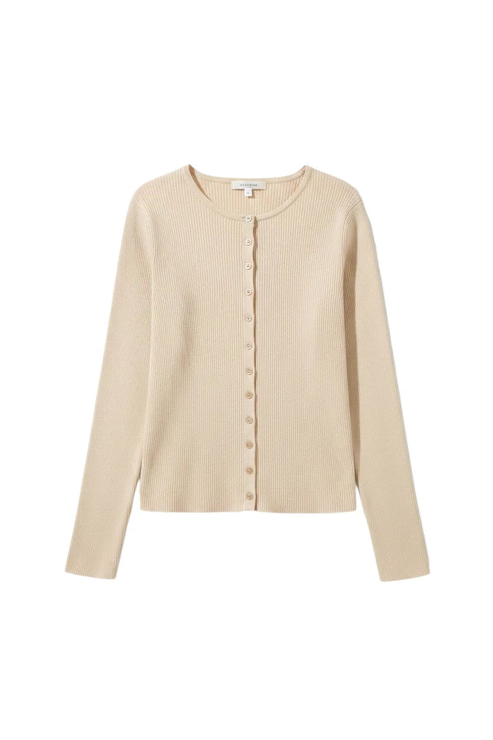 CAL JUNE Xiomara crewneck button-up cardigan in a soft tan lightweight ribbed knit fabric with long sleeves.