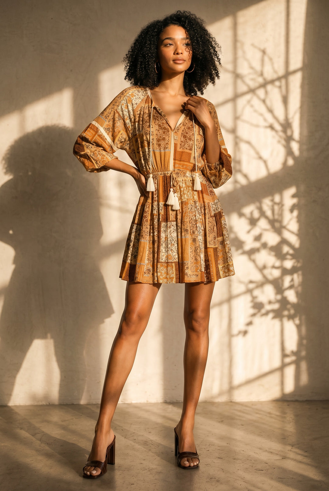 Woman wearing a patterned dress standing against a light wall with shadows.
