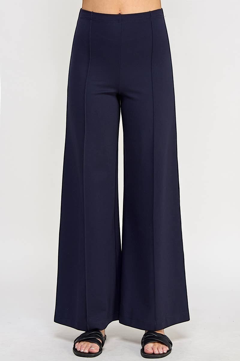 CAL JUNE navy blue ponte wide-leg pants with front seams and a high waist, designed for a sculpted silhouette.