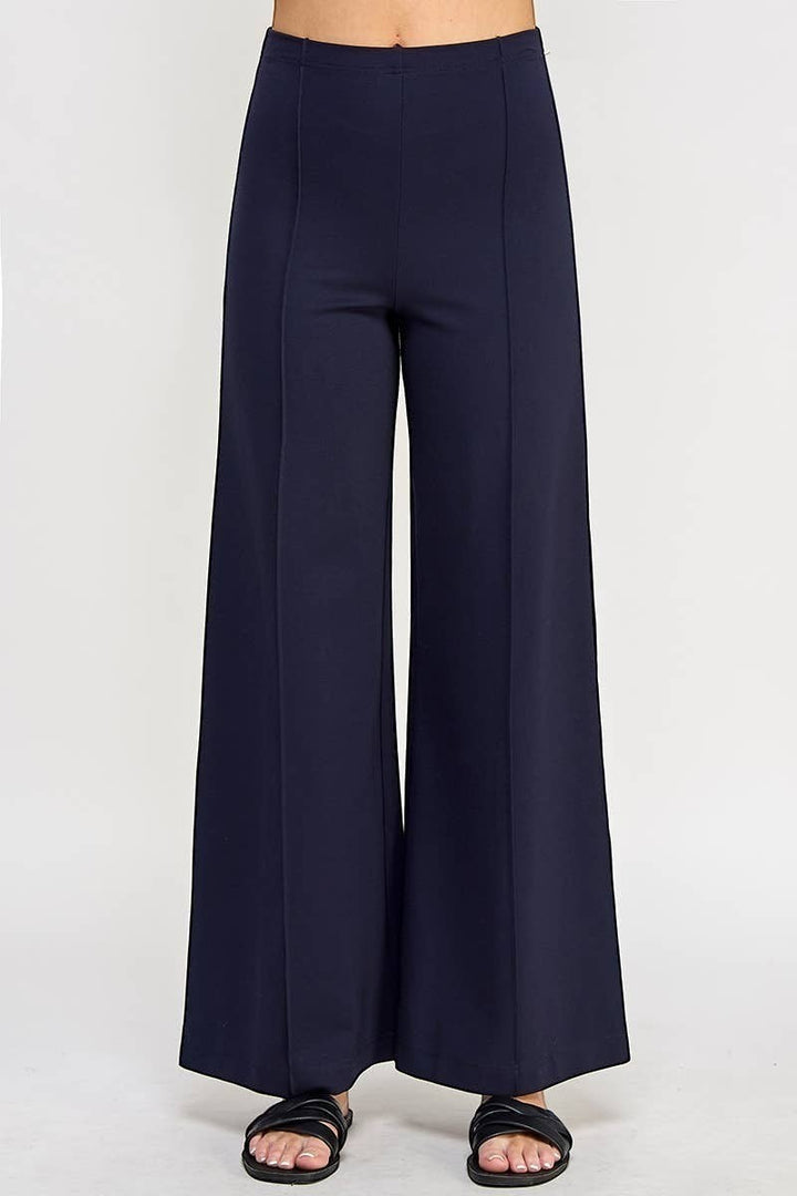 CAL JUNE navy blue ponte wide-leg pants with front seams and a high waist, designed for a sculpted silhouette.