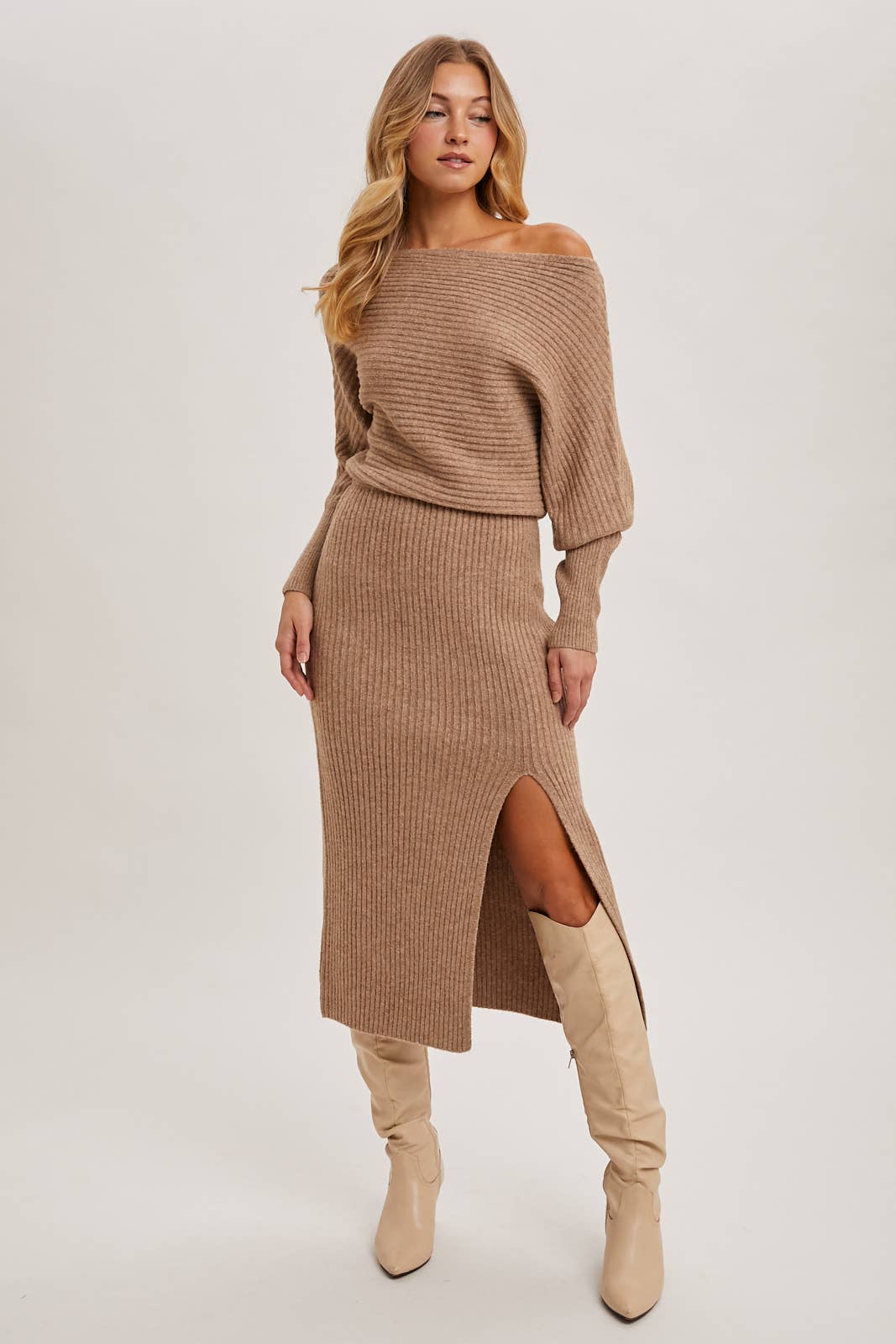 CAL JUNE The Riviera Knit Midi Dress in Latte