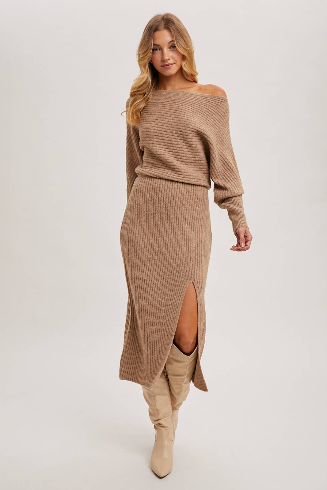 CAL JUNE The Riviera Knit Midi Dress in Latte