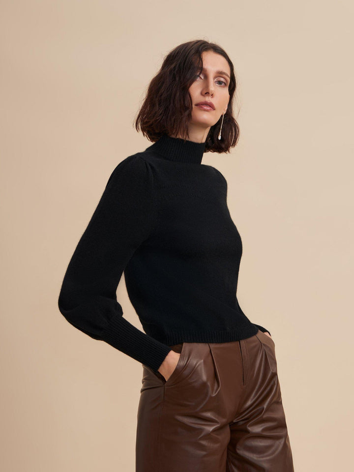 black puff-sleeve knit top for women