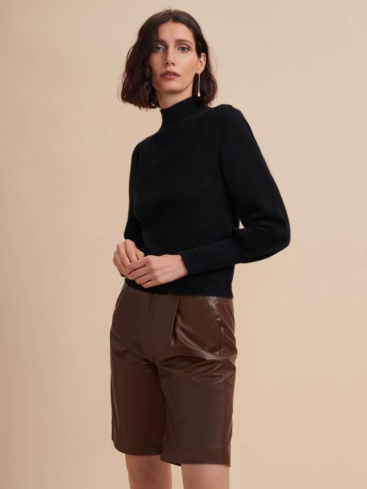 black puff-sleeve knit top for women