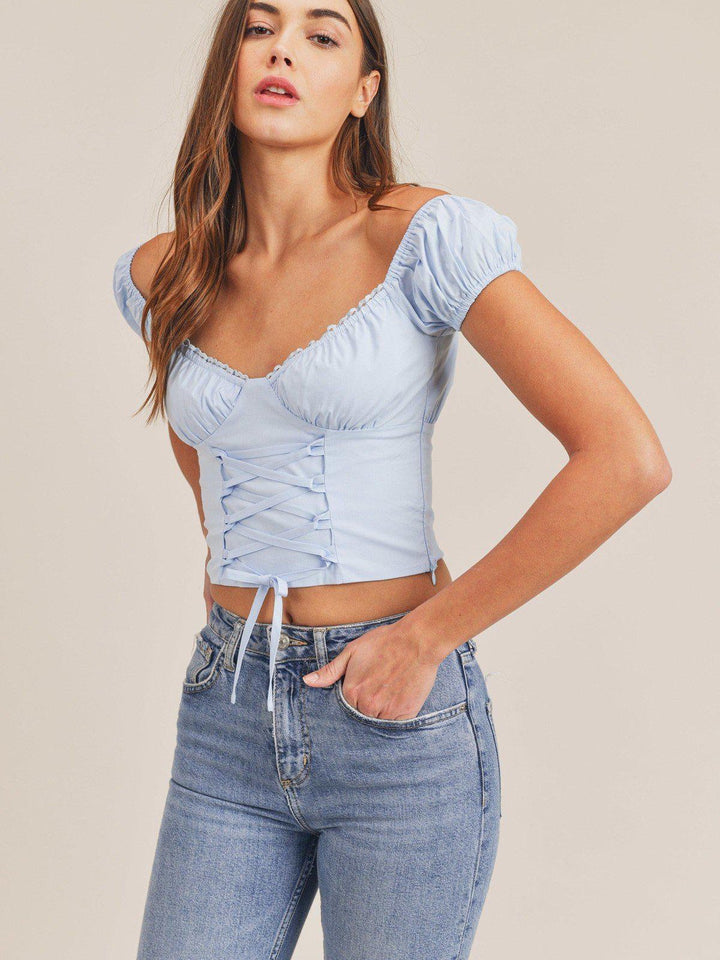 blue tie-front cropped top for women