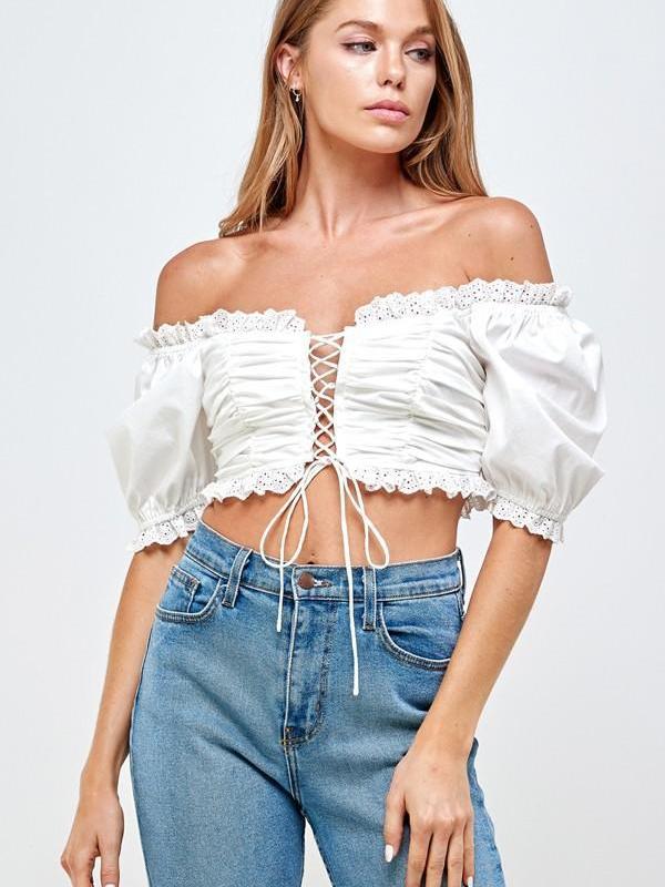 blue puff-sleeve cropped top for women