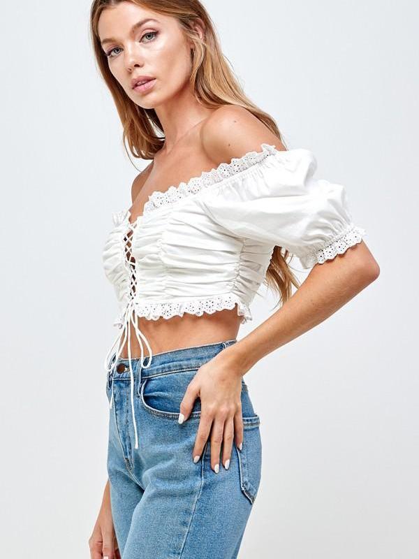 blue puff-sleeve cropped top for women