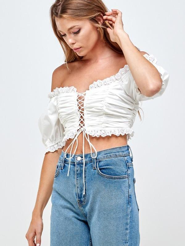 blue puff-sleeve cropped top for women