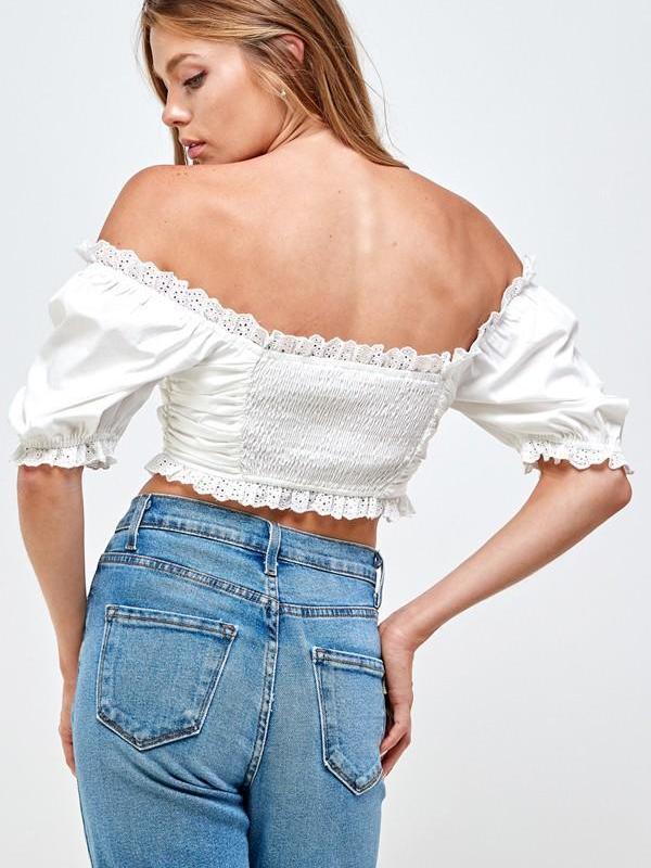 white puff-sleeve cropped top for women